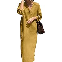 TIAFORD Women’s Cotton Linen V Neck Maxi Dress Casual Long Sleeve Button Down Maxi Dress with Belt