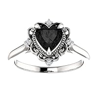 Vintage Halo Black Heart Ring 10K White Gold, Victorian 1 CT Heart Black Onyx Ring, Antique Black Diamond Engagement Ring, Black Moissanite Ring, Perfact Gift for Wife