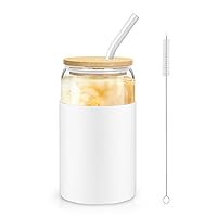 sungwoo Glass Cups with Bamboo Lids and Straws, 16OZ Ice Coffee Cup, Drinking Cup set with Wooden Lids and Silicone Sleeve, Home Essential Glass Tumblers for Beer, Cocktail, Tea and Latte White 1 Pack