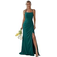 Women's Chiffon Bridesmaid Dresses for Wedding Spaghetti Strap Pleated A Line Formal Evening Gown with Slit U007