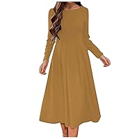 Women's Long Sleeve Dresses Fall O-Neck Dress Solid Color Casual Slim Fit Dress, S-3XL