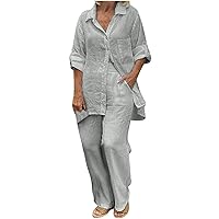 Women's Button Down Outfits Summer Shirts and Wide Leg Pants Two Piece Set Solid Casual Outfit Loose Tracksuit Sets