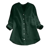 Womens Long Sleeve Button Down Linen Shirt Blouse 2024 Loose Fit Casual V-Neck Tops Solid Color Soft Comfy Daily Tops