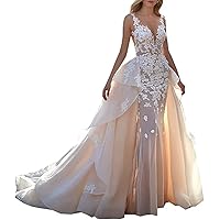 Women's Illusion Lace Beach Mermaid Wedding Dresses for Bride with Detachable Train Long Bridal Ball Gown Plus Size