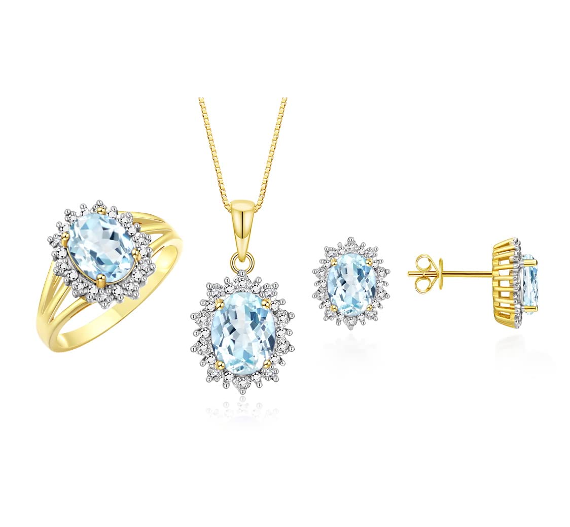 Rylos Jewelry Women 14K Yellow Gold Princess Diana Inspired Ring, Earrings & Pendant w/Chain Gemstone & Genuine Diamonds 9X7MM & 6X4MM Earrings Birthstone Womens Jewelry Matching Gold Jewelry Women