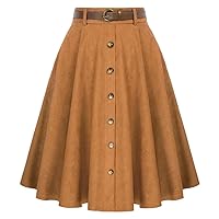 Women Corduroy Skirts with Belt Elastic Waist Mid- A-Line Retro Ladies Elegant