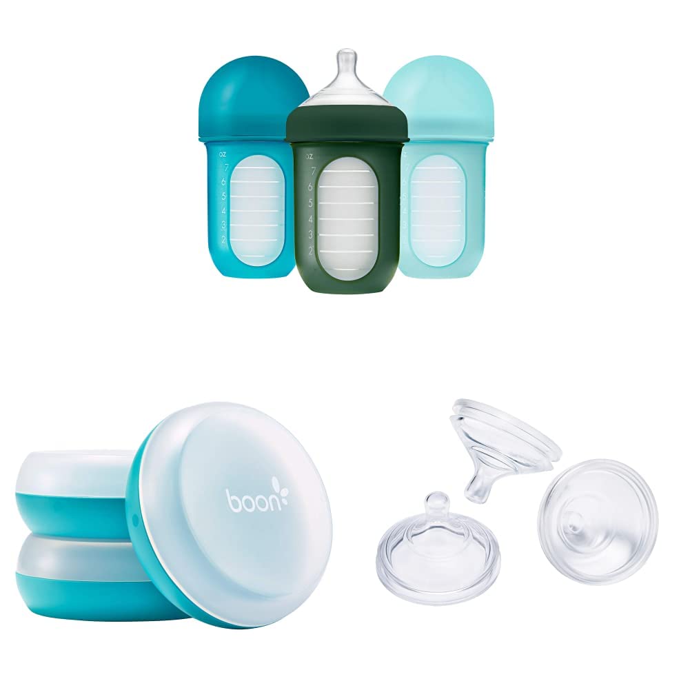 Boon NURSH Reusable Silicone Baby Bottles & NURSH Storage Buns (Pack of 3), Blue-White,3 Count (Pack of 1) & NURSH Silicone Replacement Nipple (Pack of 3)