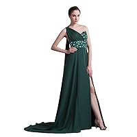 Dark Green Chiffon One Shoulder Prom Dresses With Slits And Open Back