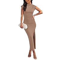 MEROKEETY Women's Cap Sleeve Mock Neck Midi Dress High Slit Bodycon Ruched Sexy Cocktail Party Dresses