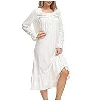 Women's Vintage Nightdress Lace Trim Square Neck Victorian Style Nightgown Long Sleeve Ruffle Hem Sleepwear Dress