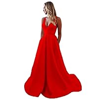 Women's A Line Satin Bridal Gowns with Pockets Sexy Backless Wedding Dresses