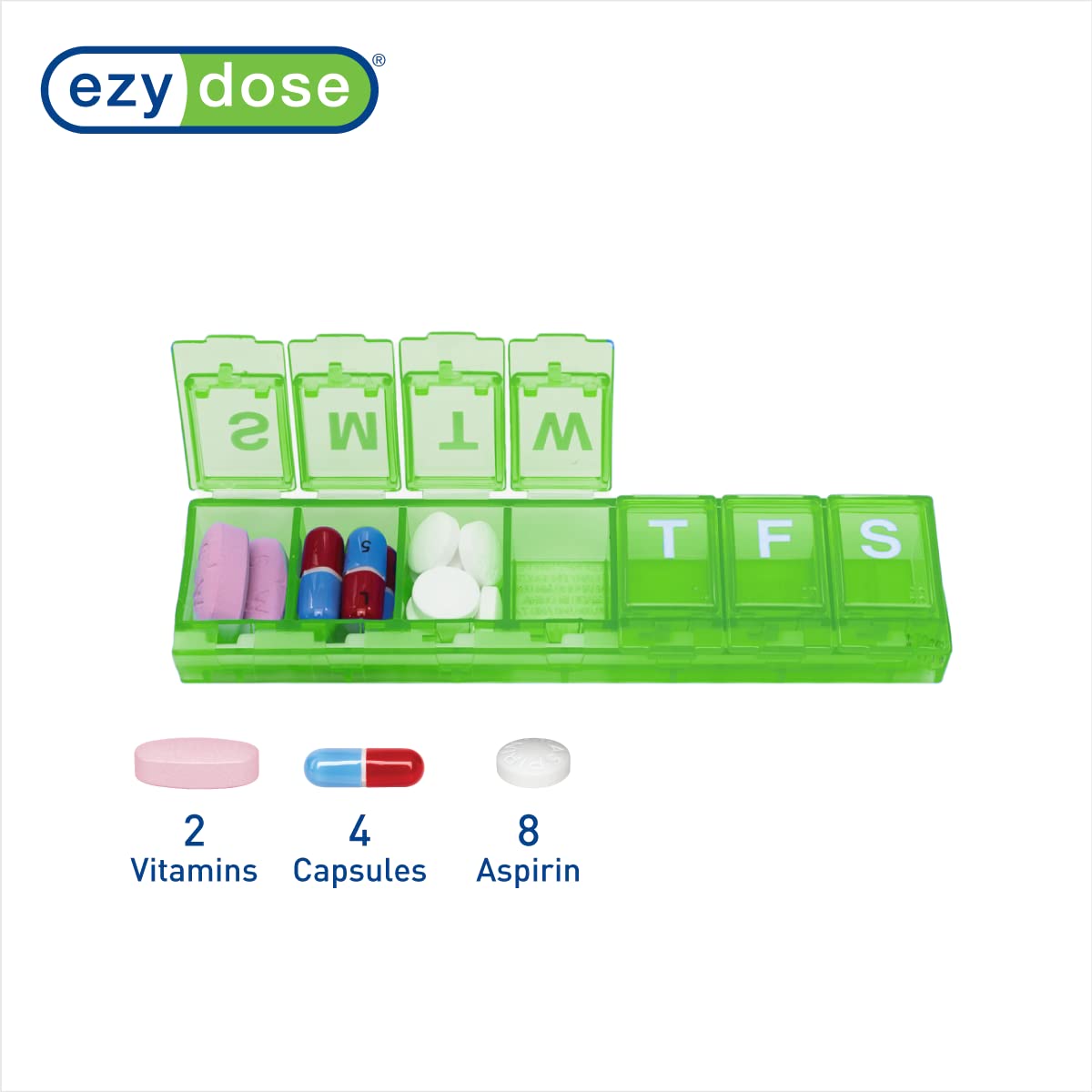EZY DOSE Weekly (7-Day) Pill Planner, Medicine Case, Vitamin Organizer Box, Small Locking Compartments to Secure Prescription Medication and Prevent Accidental Spilling, Green