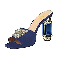 FSJ Women Luxury Square Crystal High Heel Sandals Mule Open Toe Rhinestone Block Heel Slip On Comfort Evening Party Dress Gem Slides Shoes Size 4-16 US