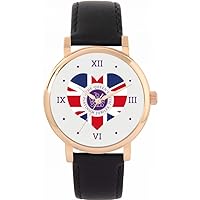 Queen's Platinum Jubilee Union Jack Heart Watch 2022 for Women, Analogue Display, Japanese Quartz Movement Watch with Black Leather Strap, Custom Made