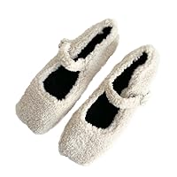 Women's Fashion Square Toe Lambswool Ballet Flats Shoes, Winter Warm Cosy Furry Plush Mary Jane Shoes