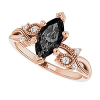Love Band 1.00 CT Floral Black Diamond Engagement Ring 14k Rose Gold, Nature Inspired Black Onyx Ring, Filigree Black Marquise Ring Black Marquise Leafy Ring, Engagement Ring For Her