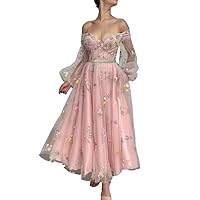 Flowers Embroidered Tulle Prom Dress for Teens 2024 Sweetheart Tea Length Corset Formal Evening Dress with Belt