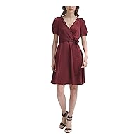 Vince Camuto Womens Maroon Smocked Pleated Self Tie Waist Scuba Crepe Butto 3/4 Sleeve Boat Neck Above The Knee Wear to Work Sheath Dress Petites 8P