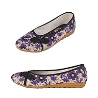 Spring Women Cozy Slip-On Cotton Fabric Flats Traditional Button Breathable Vintage Loafers for Female Vintage Shoes Purple 5.5