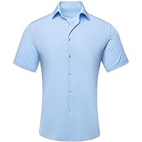 Hi-Tie Men's Light Blue Shirts Summer Short Sleeve Button Down Casual 4-Way Stretch Regular Fit Shirts Hawaiian Vacation(Large)