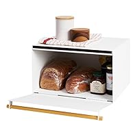 Yamazaki Home Bread Box Keeper Holder Container, Metal Bread Holder Saver, Slim Space Saving Counter Storage Steel + WoodWhite