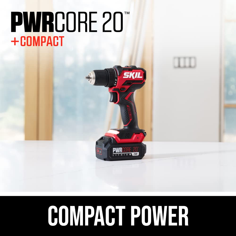 SKIL PWR CORE 20 Brushless 20V 1/2 In. Compact Varible-Speed Drill Driver Kit with 1/2'' Single-Sleeve, Keyless Ratcheting Chuck & LED Worklight Includes 2.0Ah Battery and PWR JUMP Charger-DL6293B-10