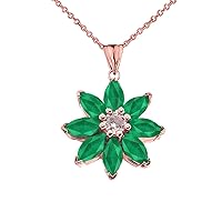 EMERALD AND DIAMOND DAISY PENDANT NECKLACE IN ROSE GOLD - Gold Purity:: 10K, Pendant/Necklace Option: Pendant With 16