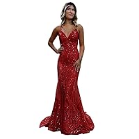 Women's Sparkly Sequin Prom Dresses Mermaid Long Formal Dress V-Neck Sequins Spaghetti Straps Evening Party Gown