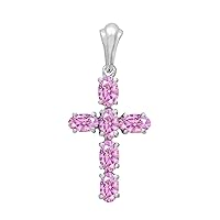 925 Sterling Silver Oval Shape Pink Crystal Gemstone Cross Religious Pendant Necklace Jewelry