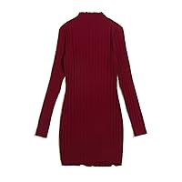 Womens Fall Fashion 2022 Mock-Neck Lettuce Trim Rib-Knit Dress (Color : Burgundy, Size : X-Small)