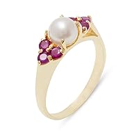 10k Yellow Gold Cultured Pearl & Ruby Womens Cluster Anniversary Ring