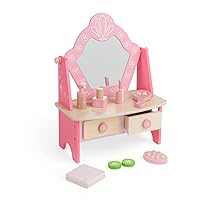 Bigjigs Toys Kids Vanity Table - Pink Table Top Vanity with Mirror, 2 Drawers & Pretend Makeup Sets for Girls, Unique Wooden Role Play Toys, Gifts for Girls Aged 3+