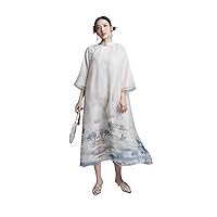 Qipao Women's Dress Silk Chinese Water Ink Printed Dress Modified Cheongsam Loose Skirt 2547