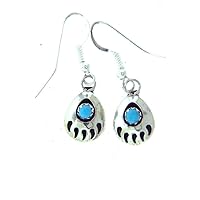 By Navajo Artist Gaynell Parker: Beautiful! High Polish Sterling-Silver & Synthetic Turquoise Bear Paw Dangle-Earrings