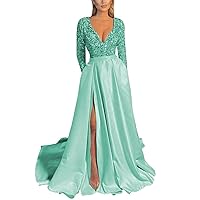 Long Sleeve Sequin Prom Dresses V Neck Sexy Slit Satin Gowns and Evening Dresses with Pocket