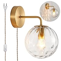 Modern Dimmable Globe Glass Wall Sconce with Plug-in On/Off Switch, E26 Gold Bedroom Wall Light Fixtures, Indoor Wall Lighting with Clear Glass Shade, for Living Room Bathroom Bedside