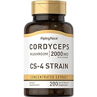 Piping Rock Cordyceps Mushroom Capsules 2000mg | 200 Count | CS-4 Strain | Concentrated Extract | Herbal Supplement | Non-GMO, Gluten Free