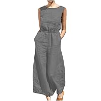 Sleeveless Wide Leg Jumpsuit for Women Casual Linen Romper Long Pants Loose Fit Summer Outfits Rompers with Pocket
