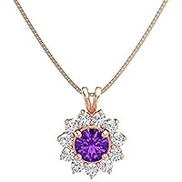 Beautiful Round Shape Created Amethyst & Cubic Zirconia 925 Sterling Sliver Halo Cluster Pendant Necklace for Women's,Girls 14K White/Yellow/Rose Gold Plated