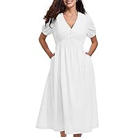 ALLOVIN Women's Boho Summer Dresses Puff Short Sleeve V-Neck High Waist A-line Swiss Dot Midi Cotton Dress with Pockets
