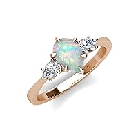 Pear Shape Opal & Lab Grown Diamond 1.07 ctw Tiger Claw Set Six Prong Women Three Stone Engagement Ring 14K Gold