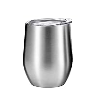 Stainless Steel Stemless Wine Glass Tumbler with Lid, 12 oz | Double Wall Vacuum Insulated Travel Tumbler Cup for Coffee, Wine, Cocktails, Ice Cream - Silver