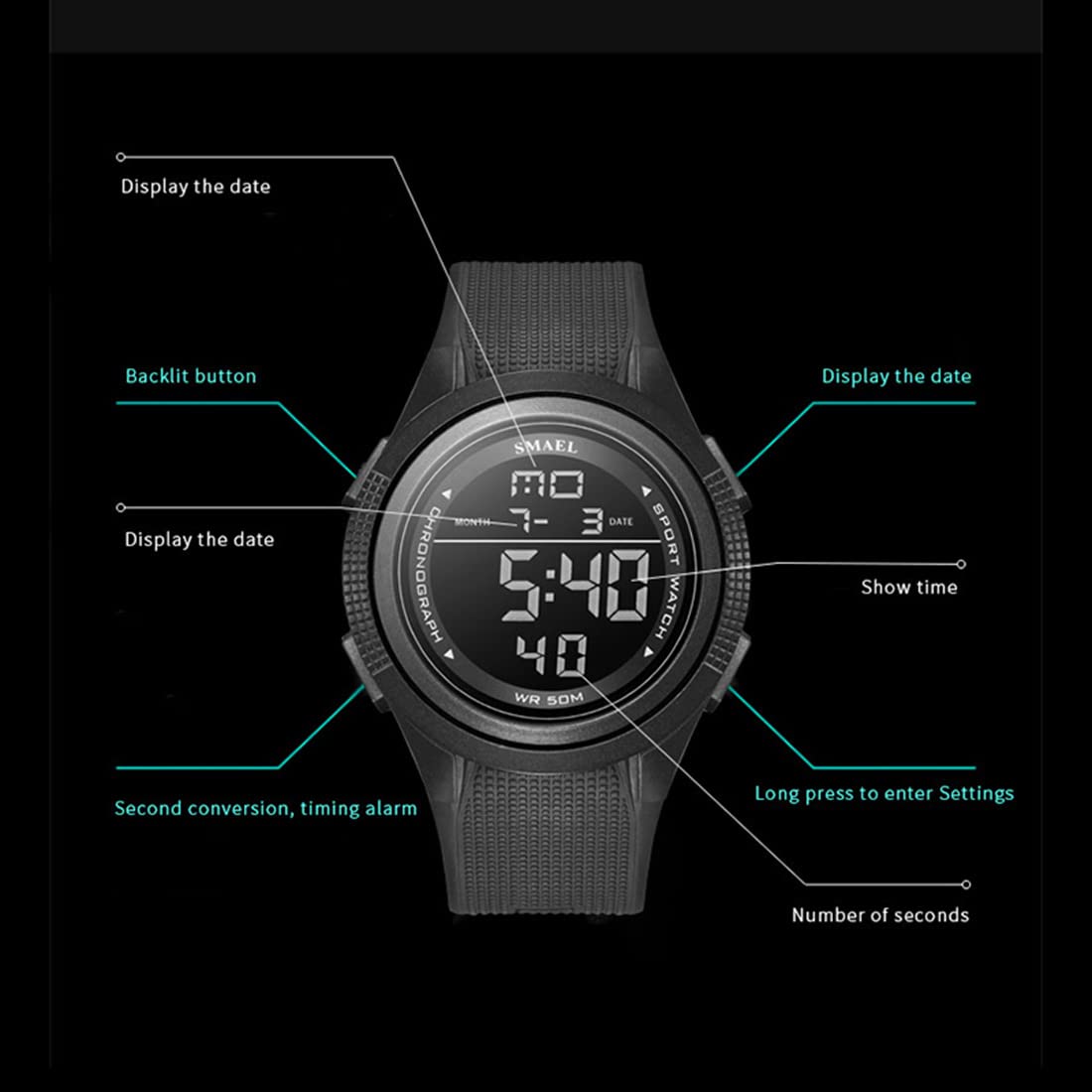 BESTKANG Men Large Face Digital Watches Outdoor Sport Watches Stopwatch Waterproof LED Watch