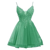 Women's Lace Appliques Homecoming Dresses for Teens Tulle Spaghetti Strap Short Prom Dress A Line Cocktail Dress A-Green