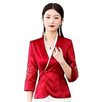 Chinese Traditional Embroidery Red China Style Shirt Women Cheongsam Top Satin Apricot Slim Suit Blouses