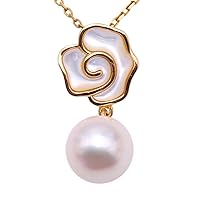 Floral 18K Gold Necklace 8-8.5mm Natural White Akoya Pearl Pendant Necklace AAA