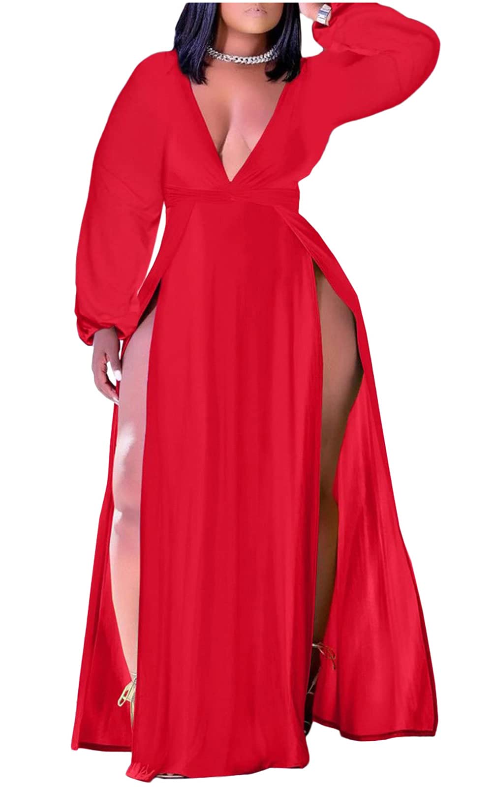 Ekaliy Women's Plus Size Sleeveless Deep V Neck Front Split Long Maxi Wrap Dress