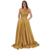 One Shoulder Prom Dresses Long Slit 2024 Satin A Line Ball Gown Lace Formal Evening Gowns with Pockets