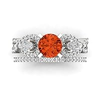 Clara Pucci 2.1 ct Round Cut Solitaire 3 stone Red Simulated Diamond Designer Art Deco Statement Wedding Ring Band Set 18K White Gold