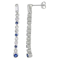 Sterling Silver Multiple CZ Stone Dangling Earrings Blue & White Bezel Set, 1 3/4 inch long